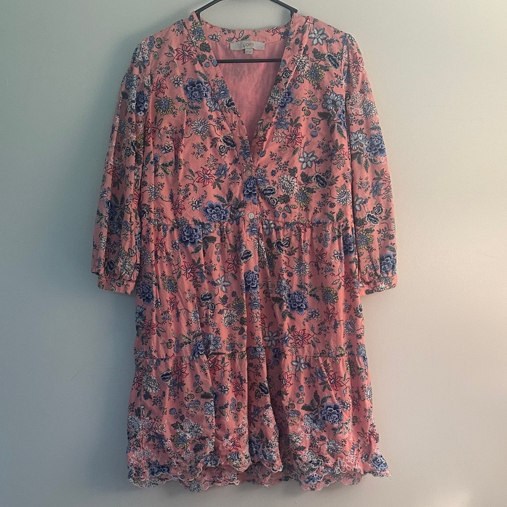 LOFT Pink and Blue Floral V-Neck Dress
